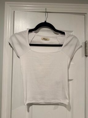 NWOT Madewell Size XXS White Square Neck Short Sleeve Ribbed Stretch Cropped Top